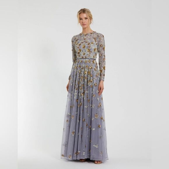 Mac Duggal 5533 Platinum Embellished High Neck Long Sleeve A Line Gown Dress - Picture 2 of 13